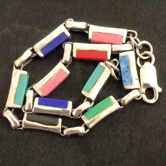 TAXCO Sterling Silver Multi-Gemstone Link Bracelet - Picture 13 of 13